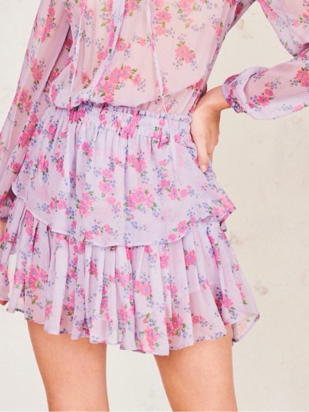 LoveShackFancy Lilac Floral Tiered Ruffle Mini Skirt